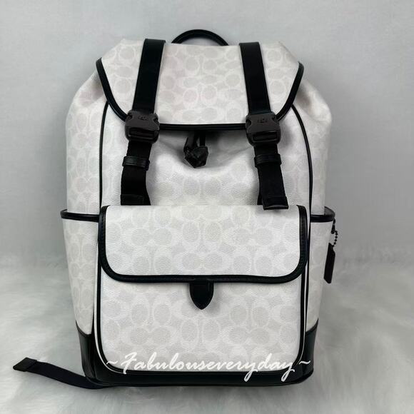 Coach Men's League Flap Backpack In Signature Canvas White/Black CU201 NWT - Picture 1 of 12